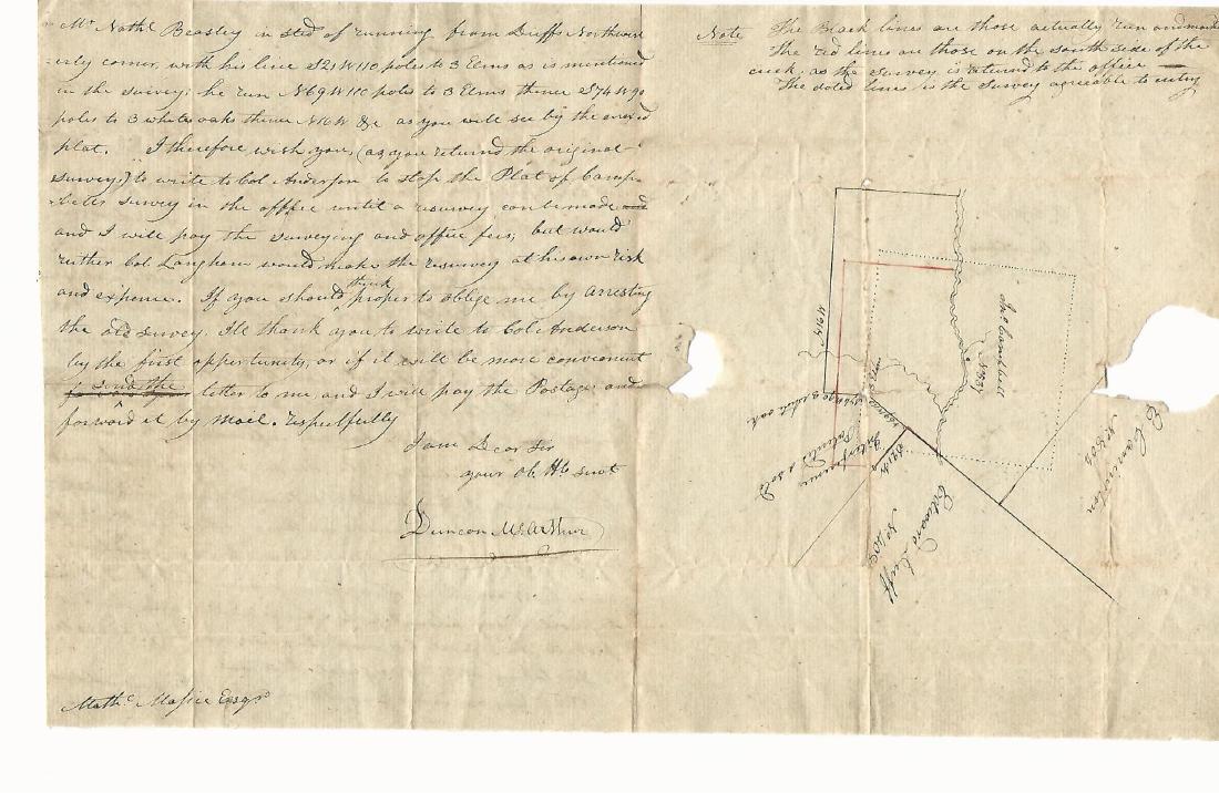 1804 ALS Territorial Governor Ohio w/ Survey: Rare Ohio Territorial autographed letter signed by Governor Duncan McArthur to Frontiersman and noted surveyor, founder of Chillicothe “Genl Nathaniel Massie, Falls of Paint Creek”. Three pages wi