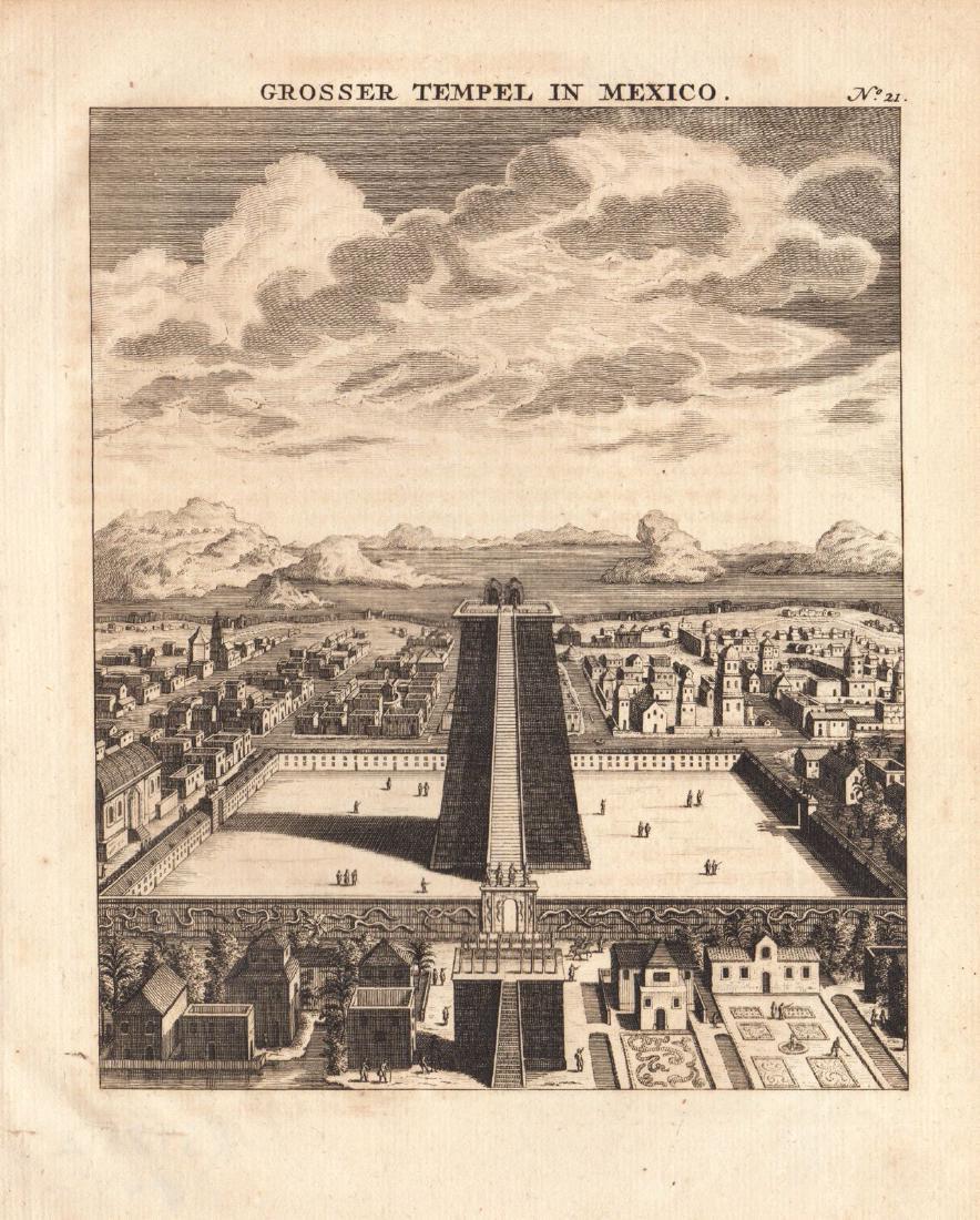 Bellin: The Great Temple, Aztec Mexico City, 1760: Map/View: Grosser Tempel in Mexico Cartographer: Bellin / Arkstee&Merkus Place & Date: Leipzig / 1760 Size: 6" x 7 1/2" Condition: b&w; overall age toning and light spotting along edges of margins A d