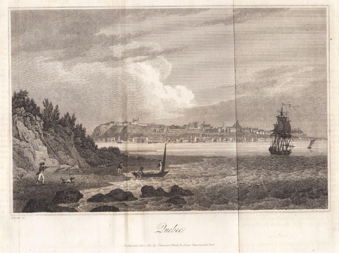 Carey & Lea: Antique View of Quebec City, 1823: Quebec An evocative and beautifully engraved view of Quebec with ships and boats in the harbor, from the scarce London edition by Sherwood, Jones, and Co. of The Geography, HIstory, and Statistics of 