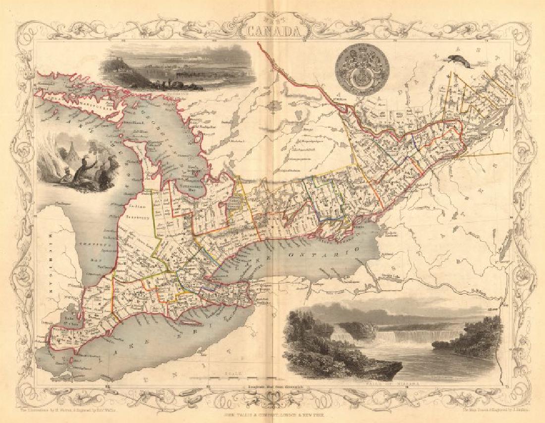 Tallis/Rapkin: Antique Map of West Canada, 1849: TITLE/CONTENT OF MAP: 'West Canada' The map shows the eastern part of modern Ontario, divided into districts/counties. Part of the map is shown as "Indian territory", with "Indian traders" marked. Vig