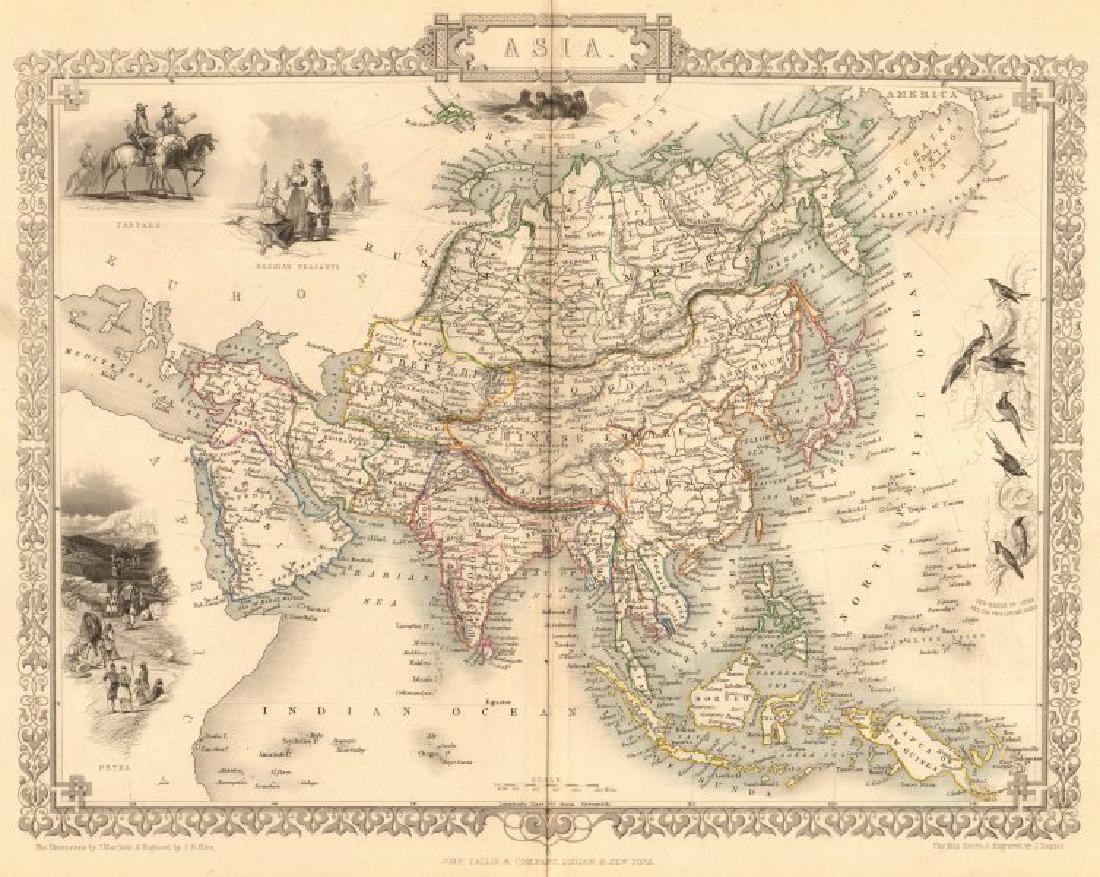 Tallis/Rapkin: Antique Map of Asia, 1849: TITLE/CONTENT OF MAP: 'Asia' States marked on the map include Siberia, Cochin China, China, Hindoostan, Cabool (Kabul), Turkey, Arabia, Persia, Beloochistan, Birmah, Siam, Malaya, Independent Tartary,