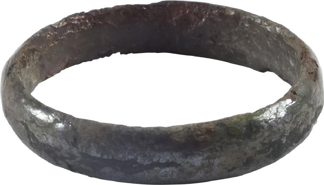 VIKING MAN’S WEDDING RING 850-1050 AD: Bronze. Size 8 1/4. Broad band with rounded face. Varigated green patina. Vikings exchanged rings on the pommel of the groom’s sword. Item ships one business day after payment. No Reserve: This lot 