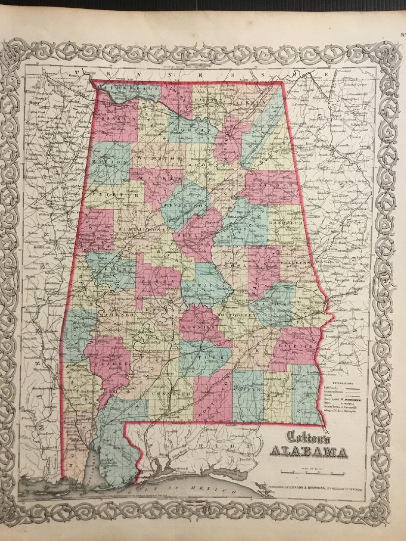 Colton: Antique Map of Alabama, 1859: Title/Content of Map: Alabama by Colton Date Printed: 1859 Cartographer: H.J. Colton Material/Medium: Paper Size: 17 1/1" x 15" Hand colored,engraved. Published in New York in 'Colton's General Atlas.