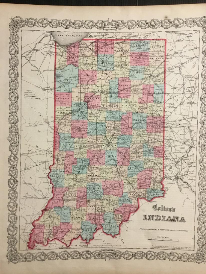Colton: Antique Map of Indiana, 1859: Title/Content of Map: Indiana by Colton Date Printed: 1859 Cartographer: H.J. Colton Material/Medium: Paper Size: 17 1/1" x 15" Hand colored,engraved. Published in New York in 'Colton's General Atlas.