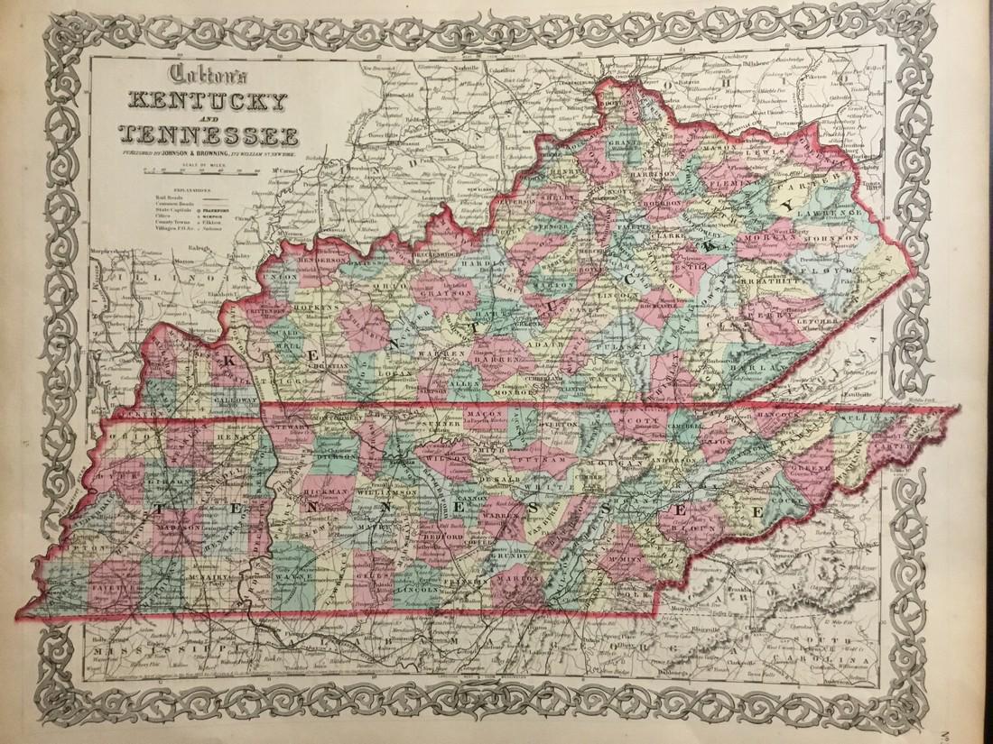 Colton: Antique Map of Kentucky & Tennessee, 1859: Title/Content of Map: Kentucky & Tennessee by Colton Date Printed: 1859 Cartographer: H.J. Colton Material/Medium: Paper Size: 17 1/2" X 15" Hand colored,engraved. Published in New York in 'Colton's G