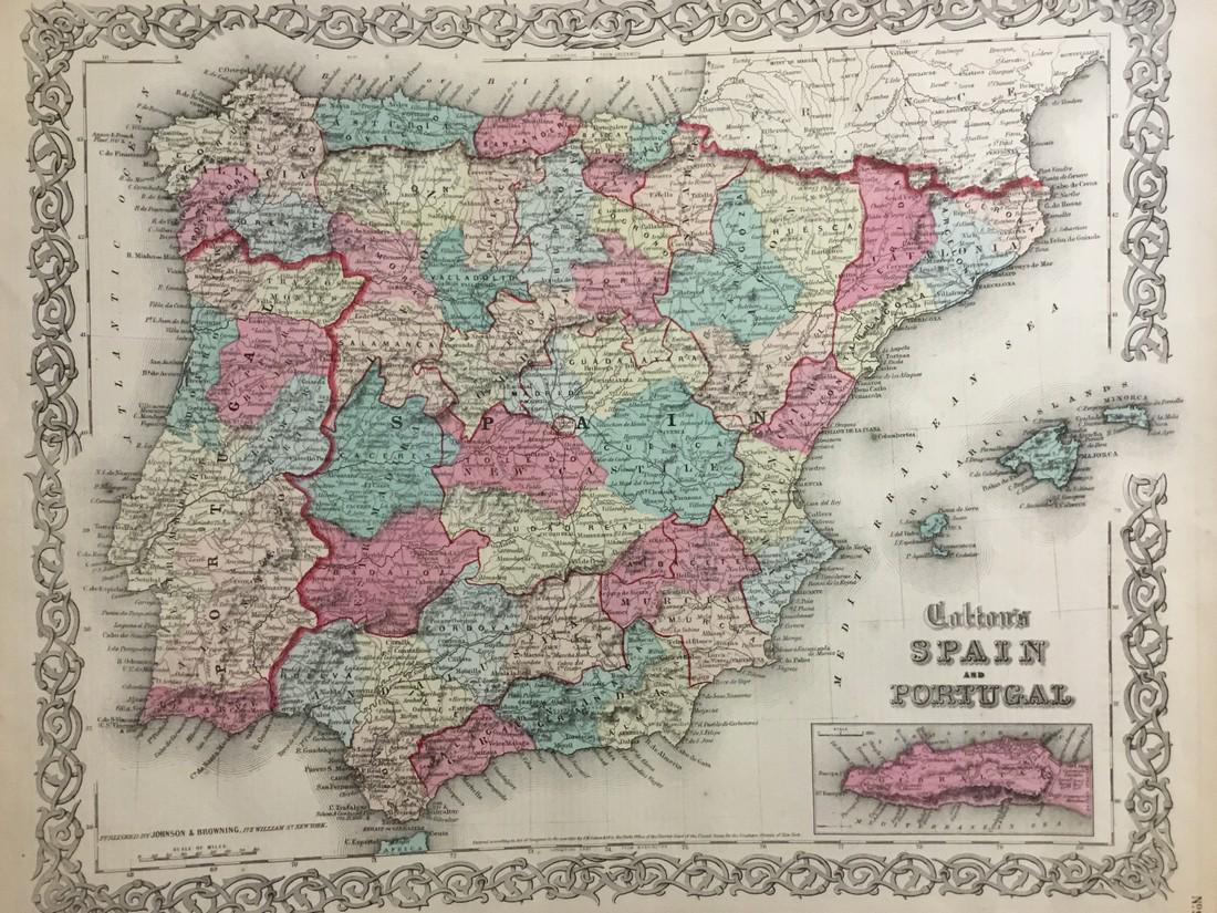 Colton: Antique Map of Spain & Portugal, 1859: Title/Content of Map: Spain & Portugal by Colton Date Printed: 1859 Cartographer: H.J. Colton Material/Medium: Paper Size: 17 1/2" x 15" Hand colored,engraved. Published in New York in 'Colton's Gener