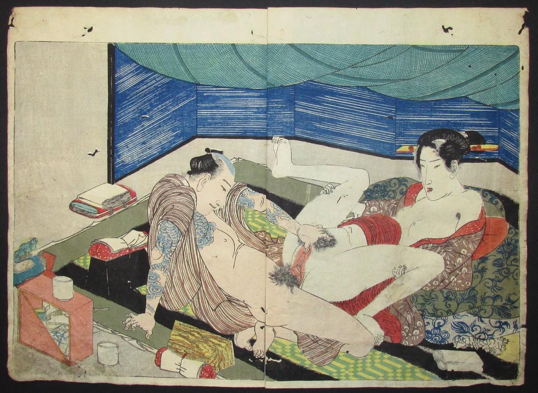 Utagawa Kunisada Woodblock Shunga Tattooed Man (1 of 2)