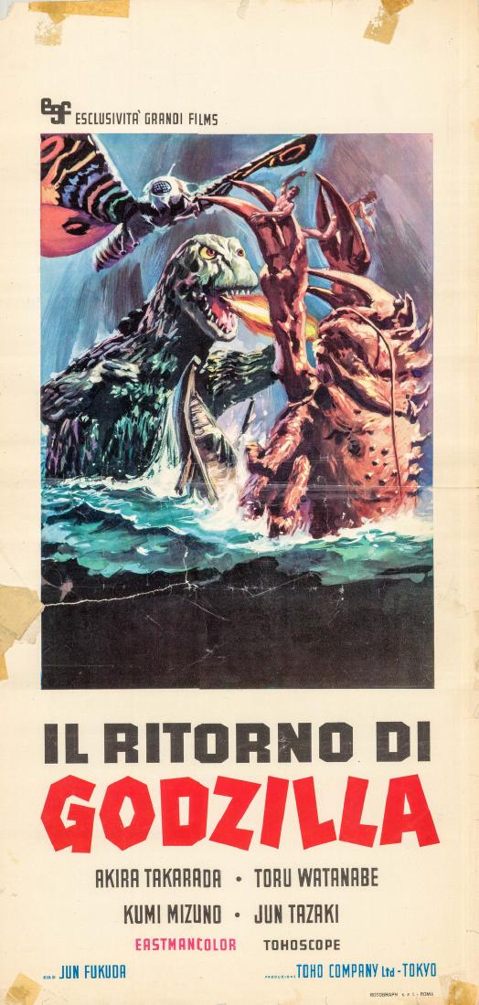 Godzilla Vs. the Sea Monster 1966 Itallian Locandina: This is a 13" x 27.25" Italian locandina poster designed to promote the 1966 Jun Fukuda film Godzilla vs. The Sea Monster starring Akira Takarada as Yoshimura. Plot summary: In a storm, some teenagers