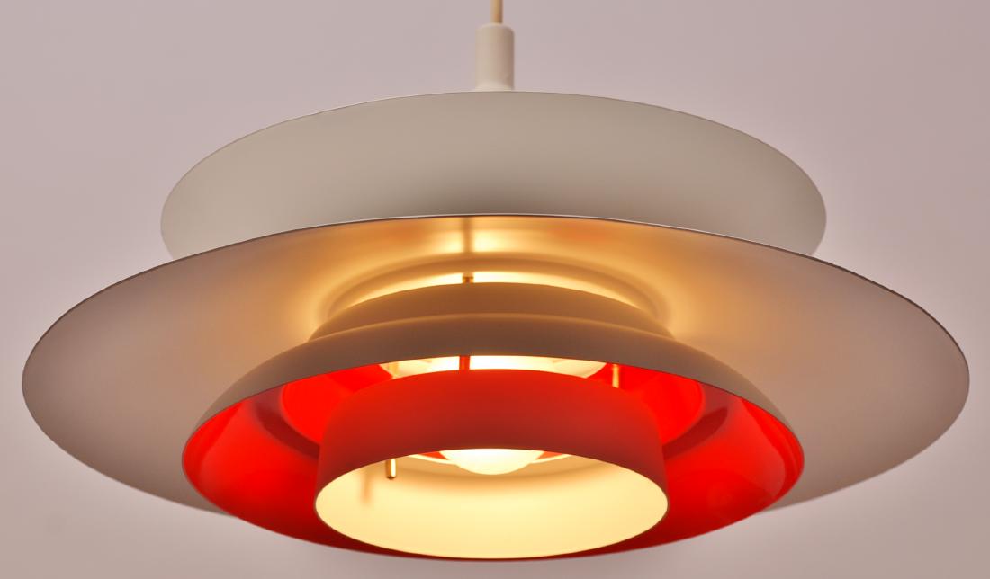 Danish Refurbished 1970's Hanging Lamp: Item: Refurbished 1970's hanging lamp Maker: AKA Origin: Denmark Date/Period: 1970's Materials: aluminium Size: Ø 15,74 x 8,66 Refushed in matt white, with high gloss white and red reflection inside.