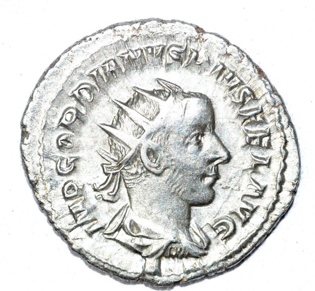 Roman AR Radiate of Gordian III, rv. Apollo: Date: 3rd C AD Material: silver Provenance: From an old British collectom, acquired on German and Austrian art markets. Dimensions: 24mm; 5grams Roman AR Radiate of Gordian III, rv. Apollo. Superb Anc