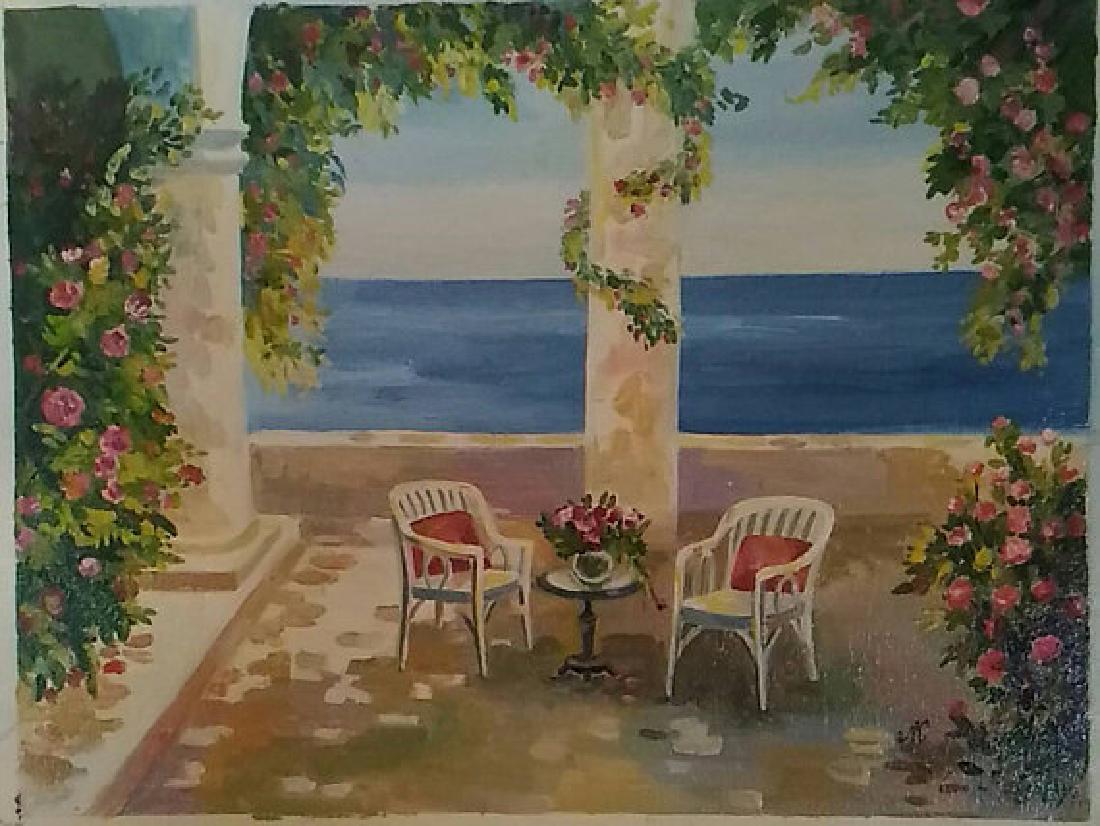 Veranda by the Sea by Ludmila Koydan: 12x16 outstretched oil painting 01LK1171 Ludmila Koydan was born in the Ukrainian republic of the U.S.S.R., on March 10, 1954. Her parents enrolled her in the special Art School for Youths early in li