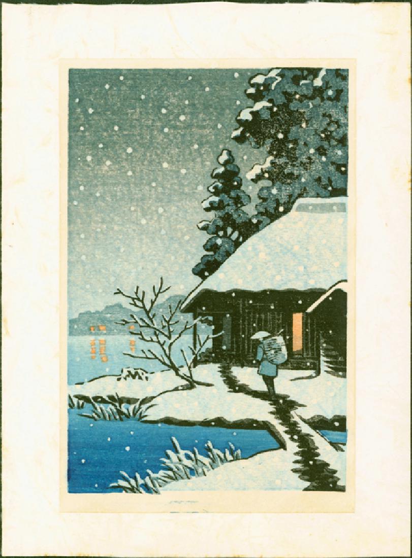 Unsigned Woodblock Cottage in Snow (1 of 3)