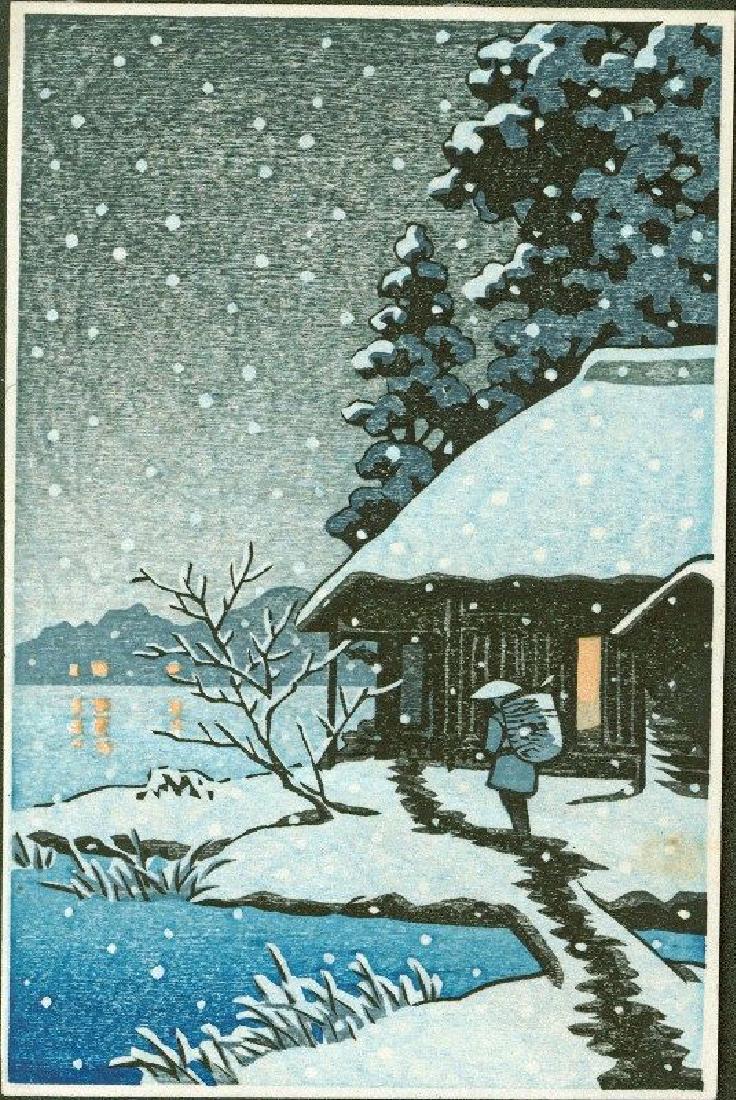 Unsigned Woodblock Snowy Cottage at Night (1 of 2)