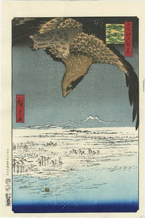 Ando Hiroshige Woodblock Eagle Over Edo: Artist: Hiroshige AndoTitle: Eagle Over EdoSeries: No. 107 from the series One Hundred Famous Views of EdoDate: Showa era edition printed from recarved blocksMedium: Japanese Woodblock PrintSize: 10