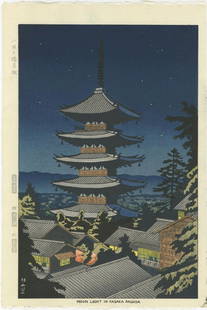 Asano Takeji Woodblock Moon Light in Yasaka Pagoda: Artist: Asano TakejiTitle: Moon Light in Yasaka PagodaPublisher: UnsodoDate: 1953, this later auto-zuri edition printed from the original woodblocksMedium: Japanese woodblock printSize: oban, 10.5 x