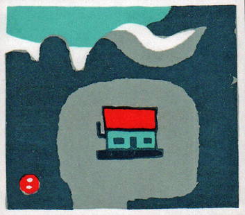 Azechi Umetaro Woodblock Mountain Home: Artist: Umetaro Azechi (1920-1999)Title: Mountain HomeMedium: Woodblock print Size: Image 4 1/8 x 4 3/4 inchesSealed with the artist's seal and sealed with the chikohoudou seal on verso Azechi