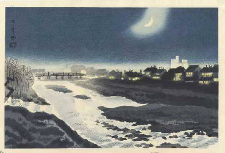 Eiichi Kotozuka Woodblock Kamo River at Night: Artist: KOTOZUKA, EiichiTitle: "Kamo River at Night" ("Kamogawa Seiya")Date: ca1950'sProvenance: Obained via Uchida Publisher's "Family Archives." Founded in 1919, a few of Uchida's long-held