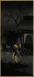 Hiroaki Takahashi Shotei Woodblock Night Rain Asagaya: Artist: SHOTEISubject: Night Rain at AsagayaPublisher: WatanabeSeal: ShôteiDate: 1932Format: mitsugiriban, 17 x 38.3 cmMedium: Japanese Woodblock PrintCondition: Fine impression, color and