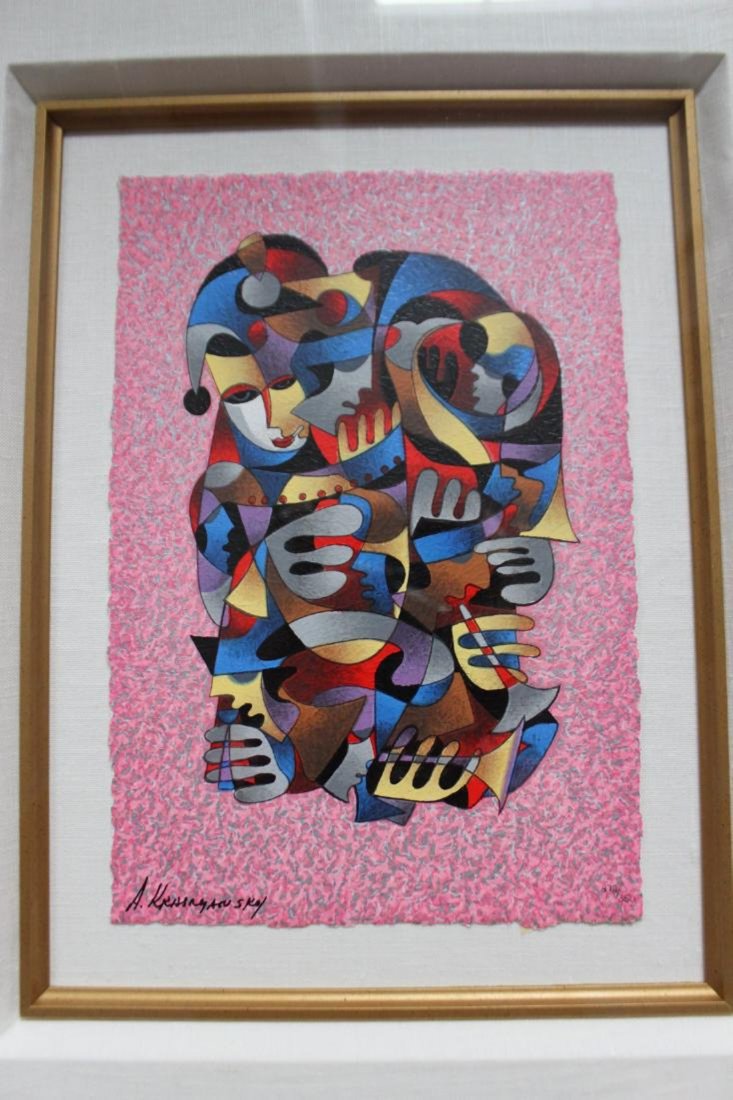 Anatole Krasnyansky Harps & Horns Limited Edition Print: Anatole Krasnyansky "Harps & Horns" Limited Edition Serigraph. This 10.25" by 6" limited edition artwork is custom framed in a linen cloth 3-D matte with a gold border and gold marble frame. It includ