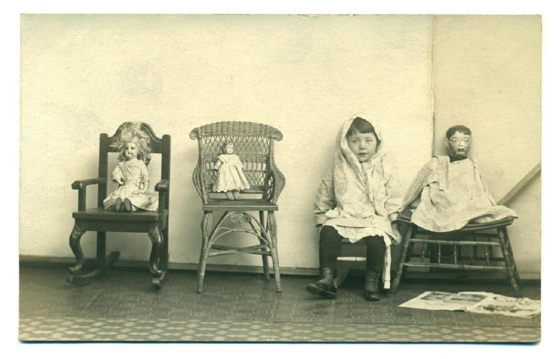 1915 Antique Doll on Chair in Row Child Mix Art Photo (1 of 1)