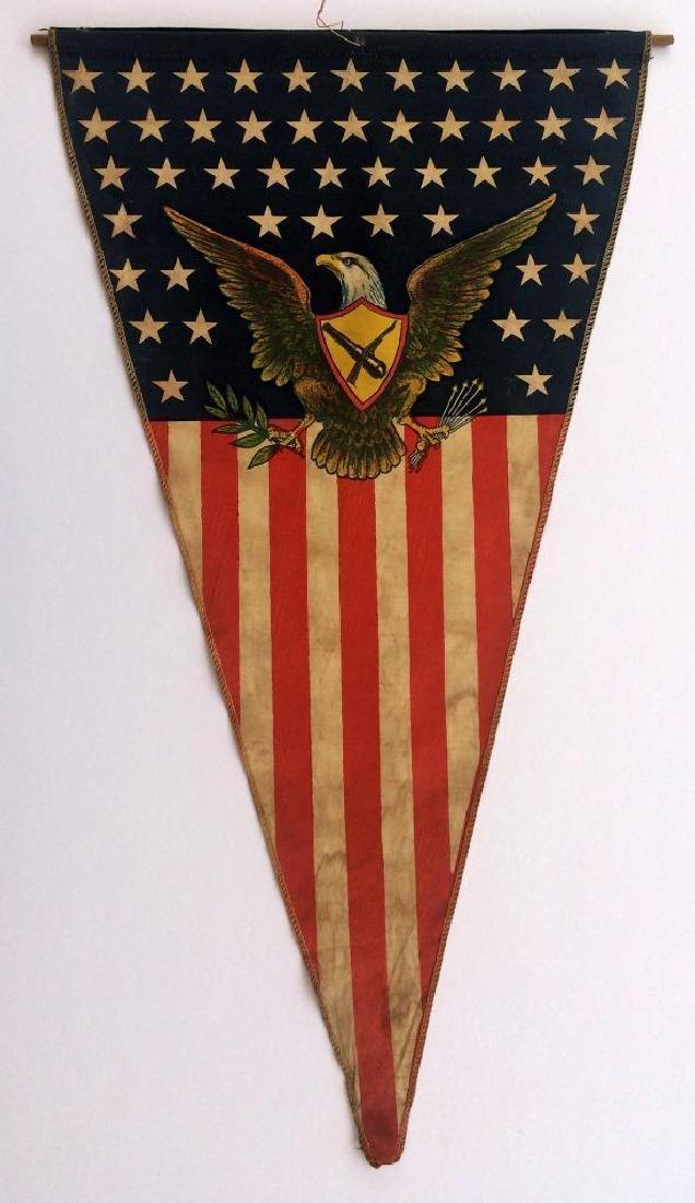 WWI US Army American Flag Pennant American Eagle: WWI ERA U.S. ARMY PATRIOTIC AMERICAN FLAG BANNER/PENNANT; Printed 48 star cotton banner with American eagle and crossed cannon, rifle shield (probably for "artillery"). Approximate size is 16" x 30"--