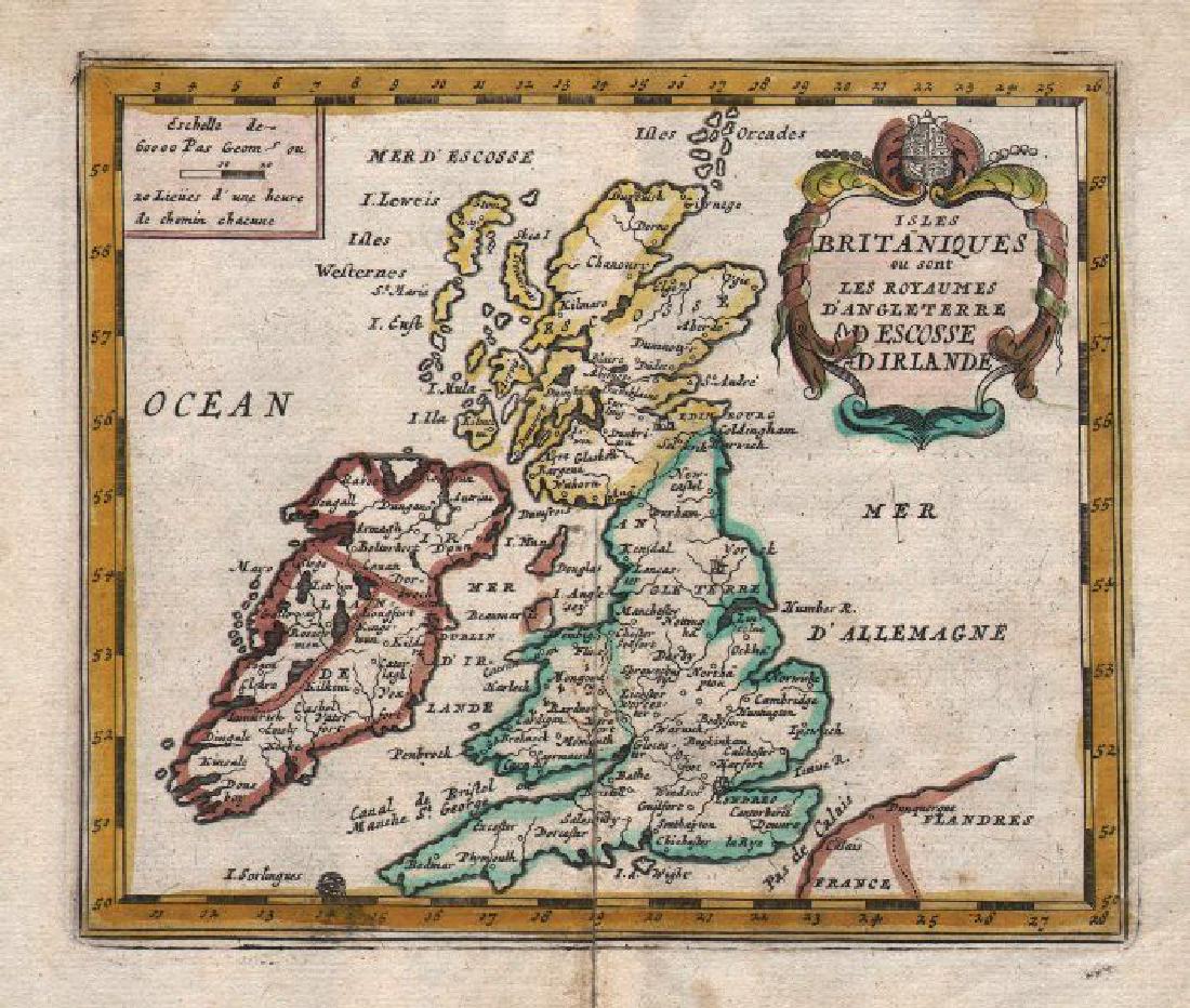 de Fer: Antique Map of the British Isles, 1684: TITLE/CONTENT OF MAP: 'Isles Britaniques ou sont les Royaumes d'Angleterre, d'Ecosse et d'Irlande' This map is folding hence the centrefold line may show on the image below DATE PRINTED: c1684 IMAGE S