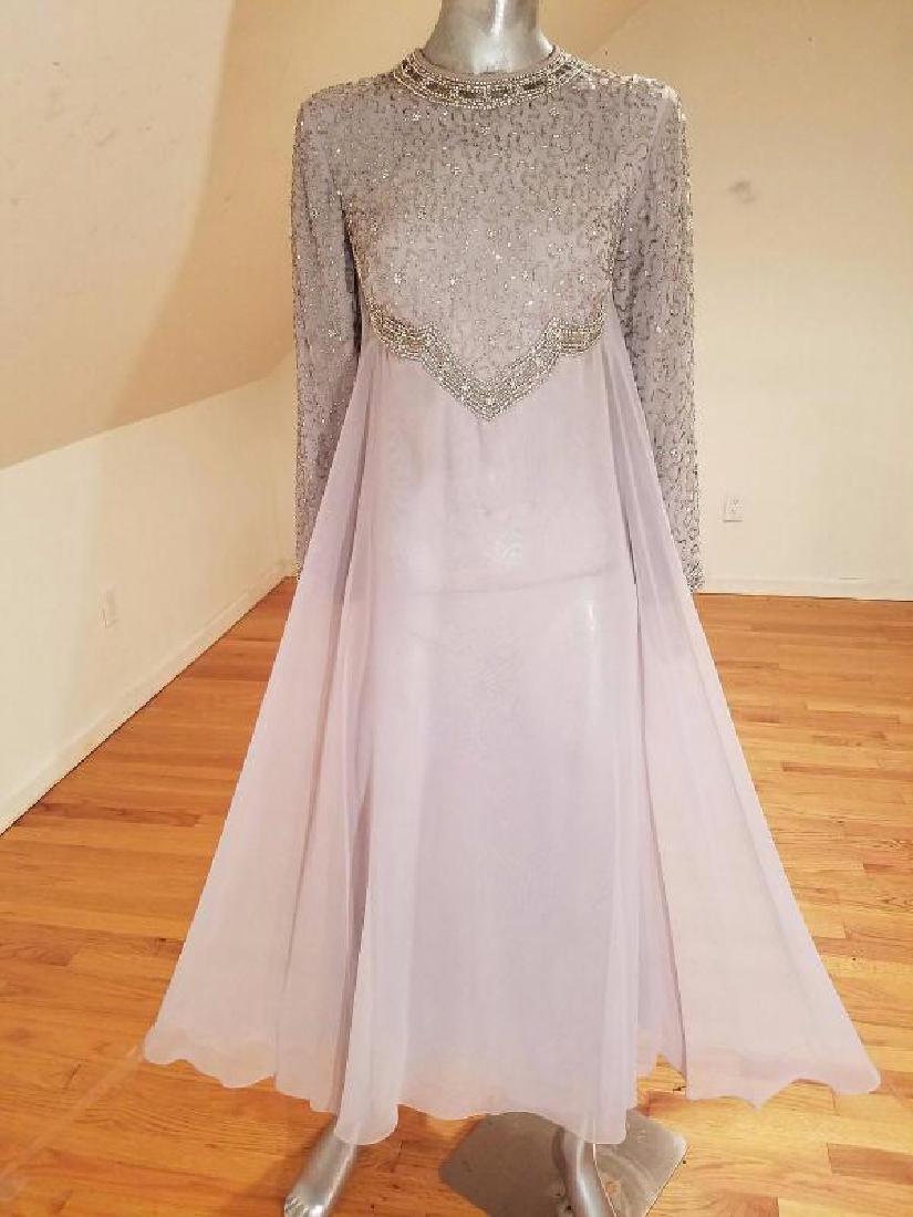 Vtg 1960's Silver Chiffon Empire crystal beaded gown , (1 of 7)