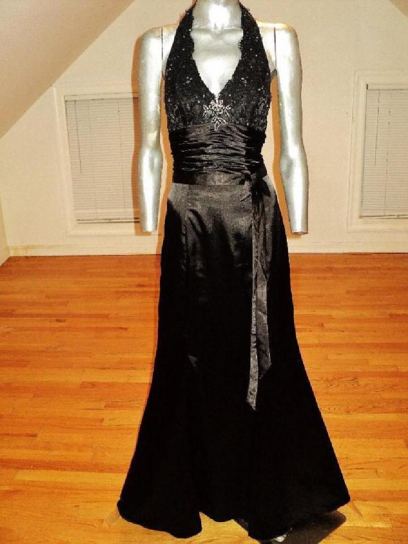 Vintage halter Satin gown shirred sash guipure lace: Vintage halter Satin gown shirred sash guipure lace embellished rhinestonesA true beauty. Halter embellished satin maxi fluid gown with guipure lace all beaded sequined and rhinestoned . Bust-36" Wais