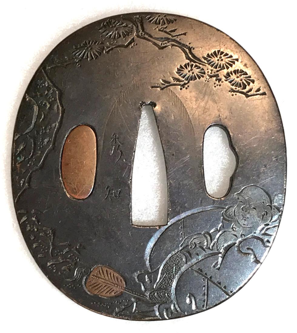 Signed kinko tsuba with katakiribori carving and brass (1 of 3)