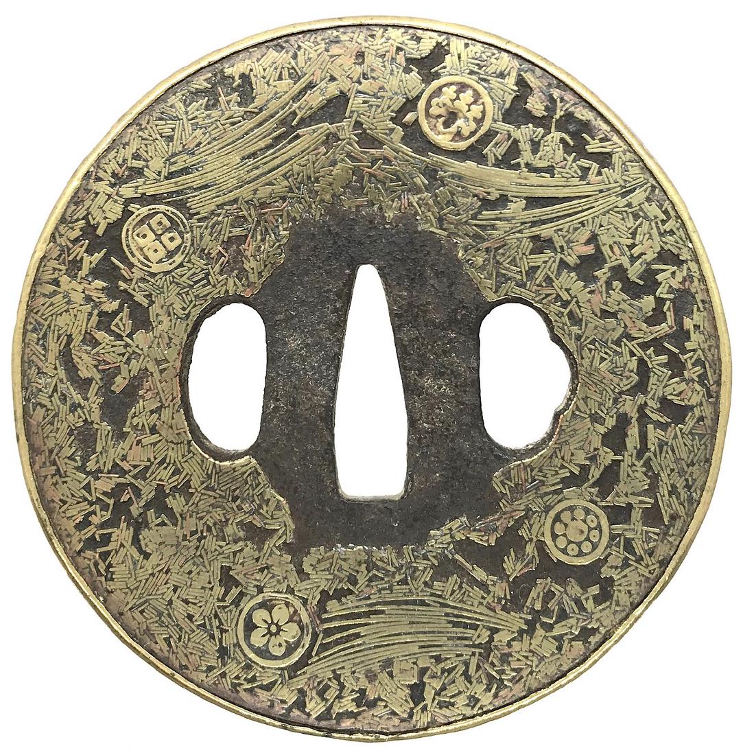 Gomoku-zogan tsuba with family crests (mon): Item: Gomoku-zogan tsuba with family crests (mon) Origin: Japan Date: Late Edo period, 19th century Materials: Iron, brass Height: 87.0 mm; Width: 86.5 mm; Thickness: 3.4 mm; Weight: 177 g Large circu