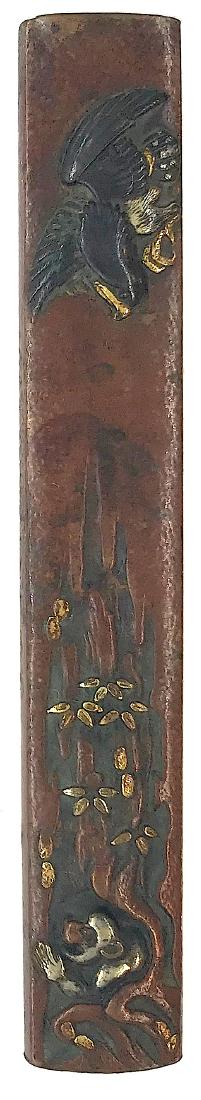 Signed copper kozuka carved and inlaid with shakudo,: Item: Signed copper kozuka carved and inlaid with shakudo, gold, and silver, by Ichij?sai Hirotoshi Origin: Japan Date: Edo period Materials: Sentoku, shakudo, gold, silver Length 96.1 mm; Width: 14.8