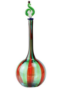 Multicolored tube bottle-Murano: Item: Bottiglia a canne multicoloreMaker: Angelo Ballarin ( F&M Ballarin )Origin: MuranoDate/Period: 2018Materials: GlassSize: H. 26 cm, L. 9 cm, P. 125 grams Bottle with multicolored pipes made in