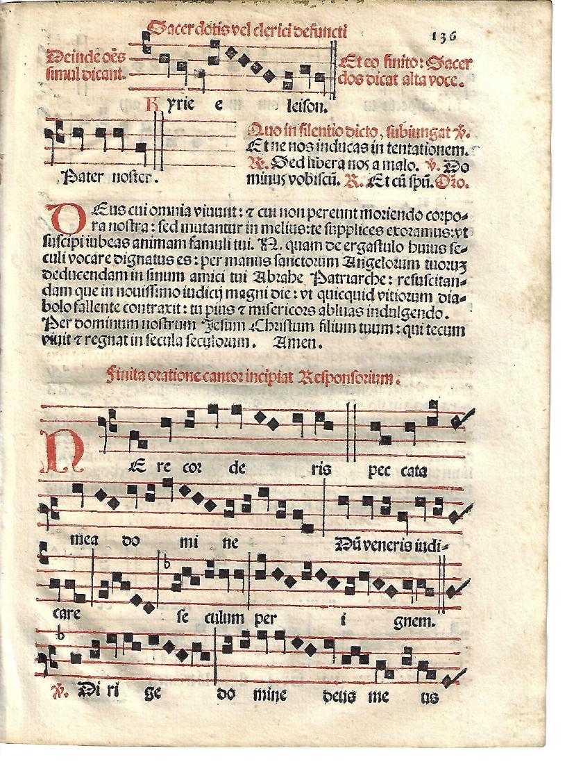 1567 Catholic Hymnal Leaf Red and Black Music: 1567 Catholic hymnal leaf printed in red and black, music both sides, from “Sacerdotal ad Consuetudinem Sacro Sancte…”, printed at Venice by Petri Liechtenstein. Fine, measures 6 x 8.5”. Pleas