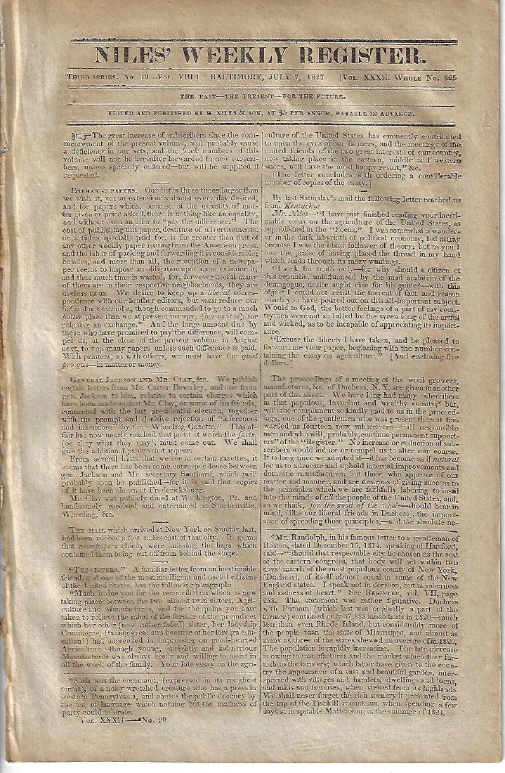 1827 Niles Register Andrew Jackson Indian Tribes (1 of 2)