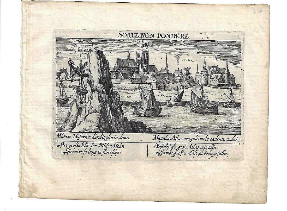 1625 Engraving of Wyck by Meisner Fine: 1625 engraving of port of Wyck (Maestricht)by Daniel Meisner, Fine engraving, measure 7.25 x 6”. Please note that this lot has a confidential reserve. When you leave a bid in advance of the auction,