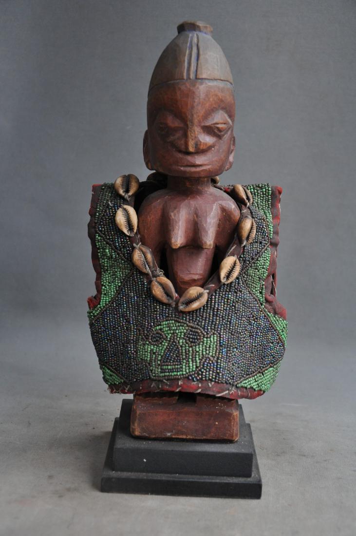 Old African Ere Ibedji Twin Figure With Jacket: Title: Authentic old African Ere Ibedji twin figure with jacket Origin: Yoruba tribe, Nigeria Date/Period: Mid -20th century Materials: Wood, glass beads, cowry shells and tissue Size: "Height: 29 cm 
