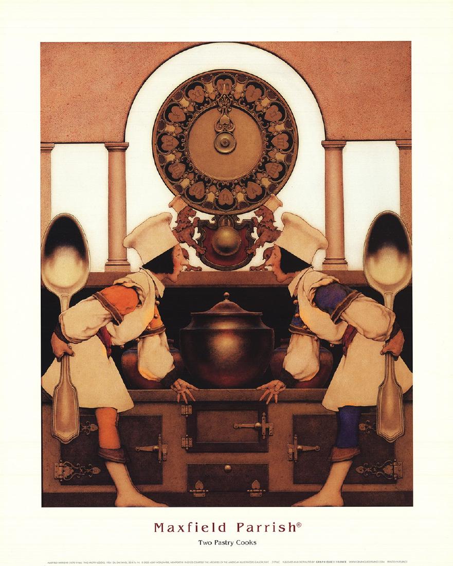 Maxfield Parrish - Two Pastry Cooks - 2003: Two Pastry Cooks by Maxfield Parrish, 2003 Unsigned Offset Lithograph. Paper size is 20 x 16 inches, with an image size of 16.25 x 13 inches. The Offset Lithograph is from an unknown edition size. and