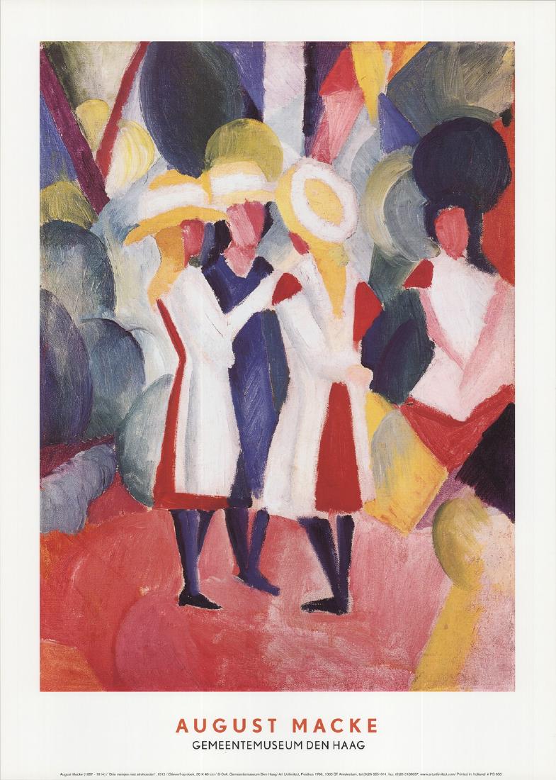 August Macke - Three Girls With Straw Hats: Three Girls With Straw Hats by August Macke, Unsigned Offset Lithograph. Paper size is 27.5 x 19.75 inches, with an image size of 23 x 16.75 inches. The Offset Lithograph is from an unknown edition si