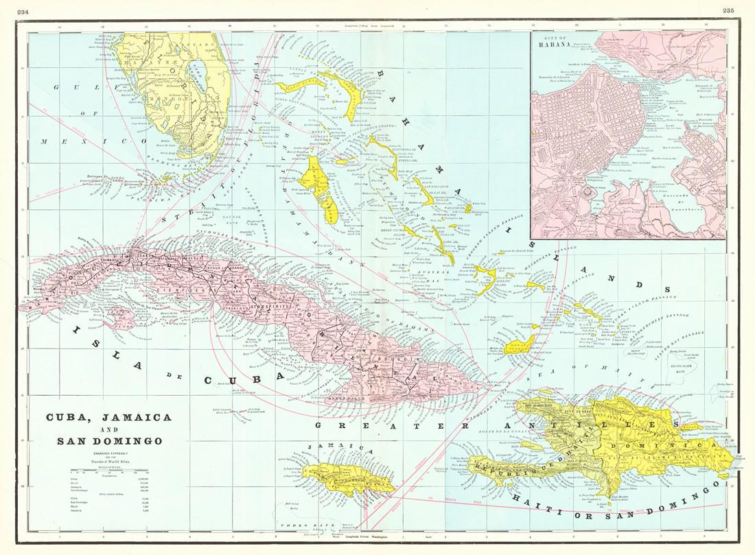 Cram: Map of Cuba, Jamaica and San Domingo 1895: Title/Content of Map: Cuba, Jamaica and San Domingo Date Printed: 1895 Cartographer: CRAM, GEORGE F. Size (inches): 16X22.1 From Grant's Railroad & Business atlas.Large map with nautical distances and