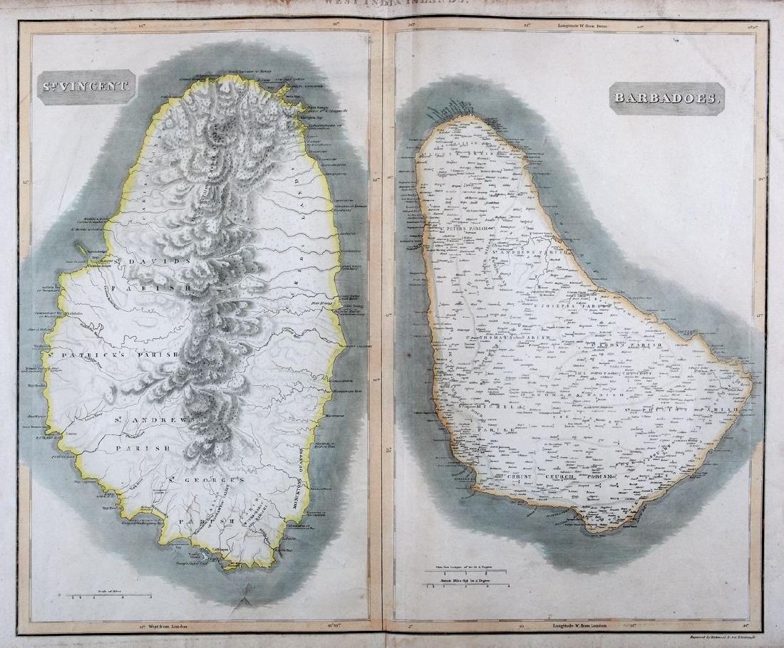 Thomson: Antique Map of St. Vincent & Barbados, 1814: West India Islands. St. Vincent. Barbadoes. Two islands on one sheet, from Thomson's New General Atlas, both with dramatic topography and numerous place names. Cartographer: John Thomson Place & Date: