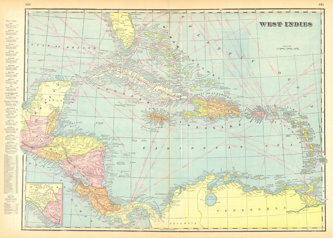Cram: Antique Map of the West Indies, 1899: Title/Content of Map: West Indies Date Printed: 1899 Cartographer: CRAM, GEORGE F. Size (inches): 16X22.25 Light edge browning.520, 521. With nautical distances and inset of southern Mexico. Plans of 