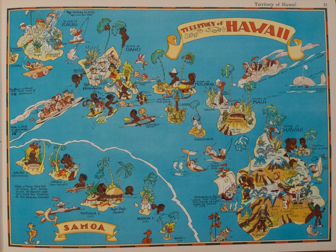 1938 R Taylor White Pictorial Map of Hawaii and Samoa: Title/Content of Map: 1938 R Taylor White Pictorial Map of Hawaii and Samoa -- Territory of Hawaii [with] Samoa Date Printed: 1938, Boston Cartographer: Ruth Taylor White Size: 11.6 x 8.5 in. This is 