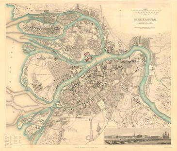 SDUK: Antique Map of St Petersburg, 1847: TITLE/CONTENT OF MAP: 'ST PETERSBURG' DATE PRINTED: 1847 IMAGE SIZE: Approx 34.0 x 40.0cm, 13.25 x 15.75 inches (Large) TYPE: Antique steel engraved map with original outline hand colouring. Inset: Pa