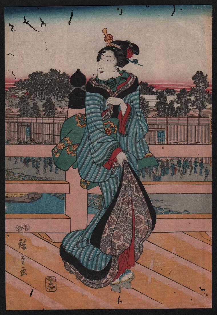 Ando Hiroshige Woodblock Beautiful Woman: Artist: Ando Hiroshige Subject: Beautiful woman Date: c.1840's Size: Oban design measures: 9.5" x 14" Medium: Japanese Woodblock Print Condition: Very good color & impression. Wormage throughout NOTE: