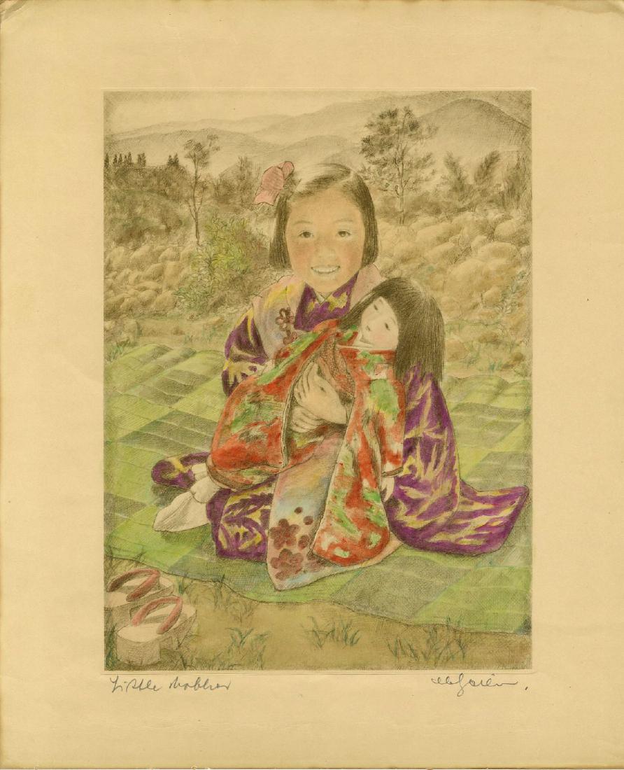 Willie Seiller Hand Colored Etching Young Girl & Doll (1 of 2)