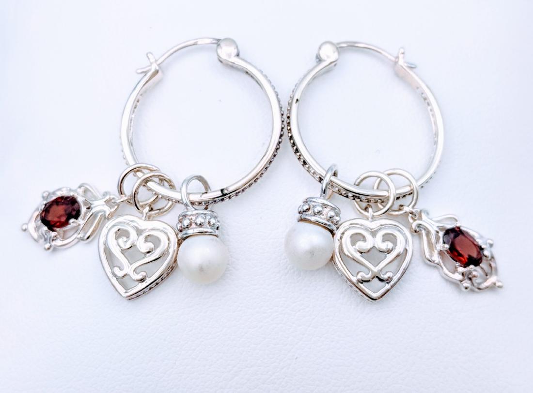 Sterling Silver Pearl Almandine Garnet Hoop Earrings (1 of 3)