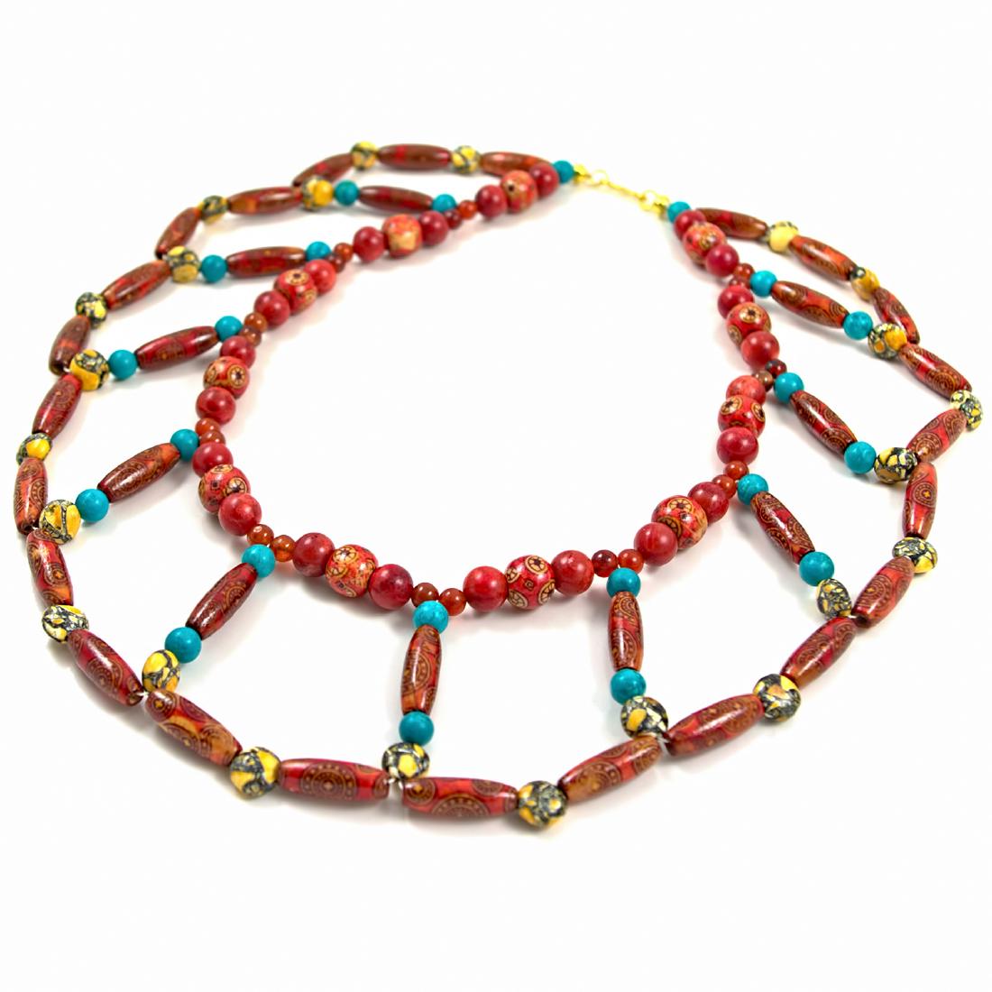 Egyptian Broad Collar Style Necklace - Wood, Coral,: Item: Egyptian Broad Collar Style Necklace - Wood, Coral, Jasper, Turquoise howlite Brand: Regenz Metal Purity: .925 vermeil sterling silverGemstones: Wooden beads, Noreena Jasper, Turquoise Howlite,