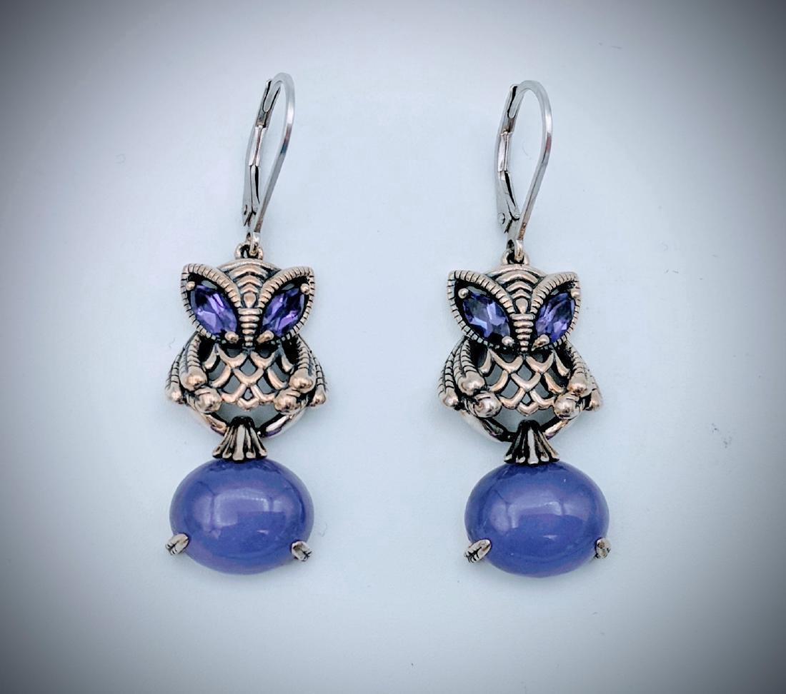 Sterling Silver Violet Jade Amethyst Owl Earrings (1 of 4)