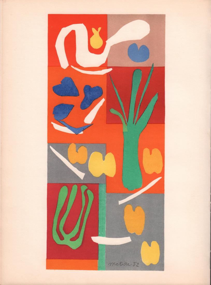 Henri Matisse Vegetaux 1958 Color Lithograph: One of Henri Matisse's last works of art between 1950-1954, titled "Vegetaux", a colour lithograph printed by Mourlot Freres. The image is one side with title on the verso. 1958 Colour Lithography 10.