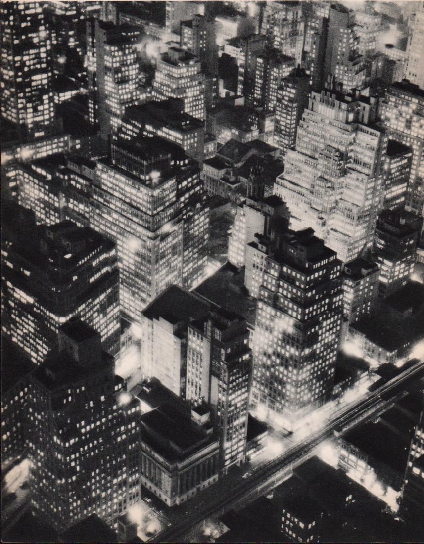 Berenice Abbott - New York at Night Gravure: Fine gravure print of Berenice Abbott - New York at Night. This print is 8.75x10.5" in excellent condition. Mounted on 14x17" lightweight archival board. 1936 Sheet-fed Gravure 8.75x10.5" Please note 